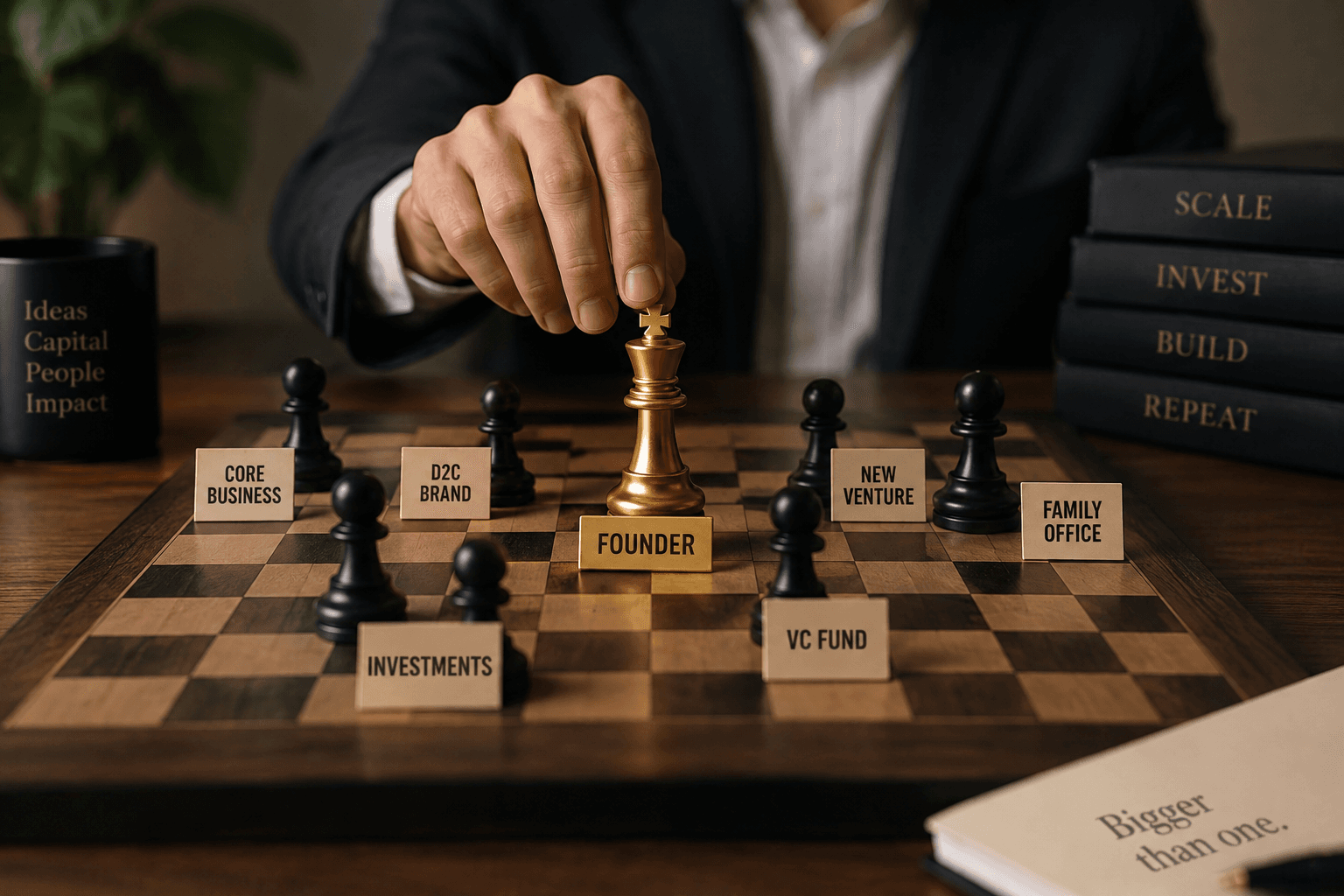 Conceptual image of a portfolio entrepreneurs moving a gold chess king surrounded by pieces representing a core business, D2C brand, investments, VC fund, new venture and family office.