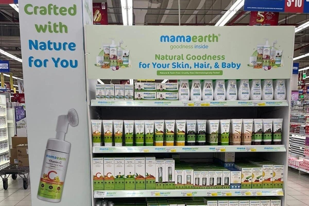 Mamaearth products displayed in a physical store as an example of an Indian D2C brand expanding offline.